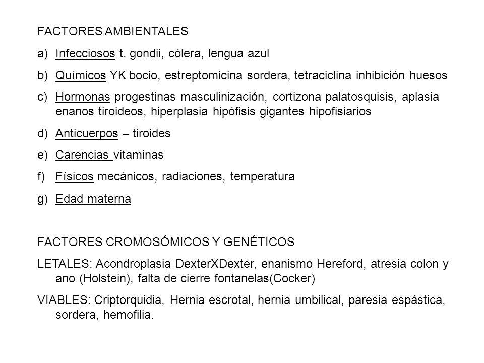 FACTORES AMBIENTALES Infecciosos t. gondii, cólera, lengua azul. Químicos YK bocio, estreptomicina sordera, tetraciclina inhibición huesos.