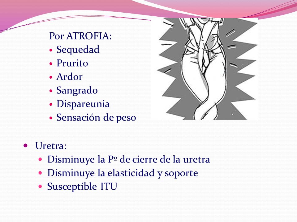 Por ATROFIA: Sequedad. Prurito. Ardor. Sangrado. Dispareunia. Sensación de peso. Uretra: Disminuye la Pº de cierre de la uretra.