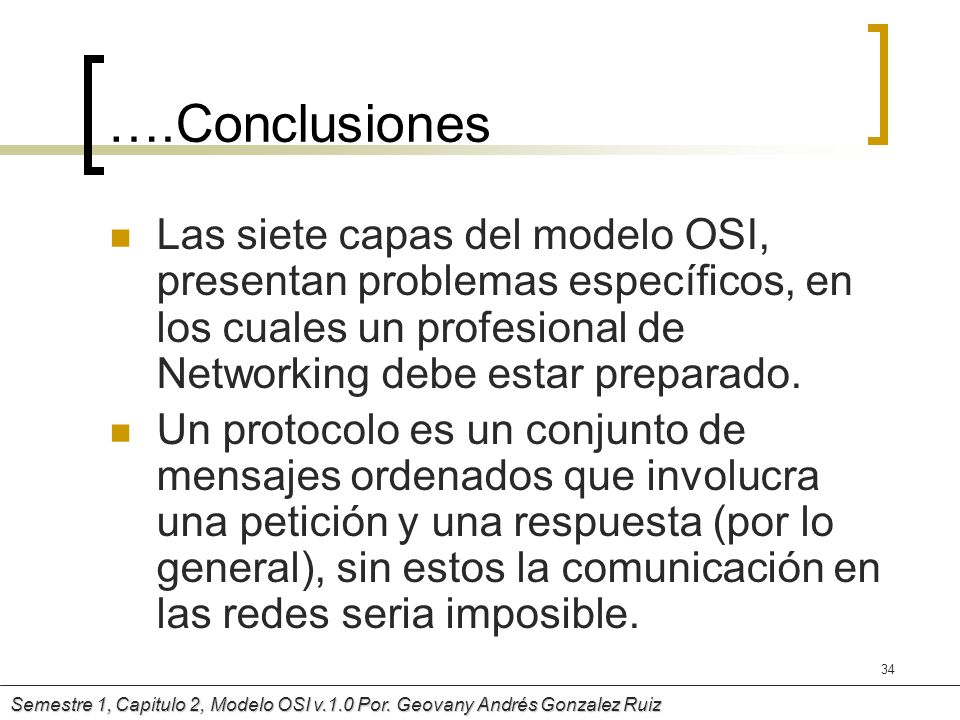 ….Conclusiones Las siete capas del modelo OSI, presentan problemas específicos, en los cuales un profesional de Networking debe estar preparado.
