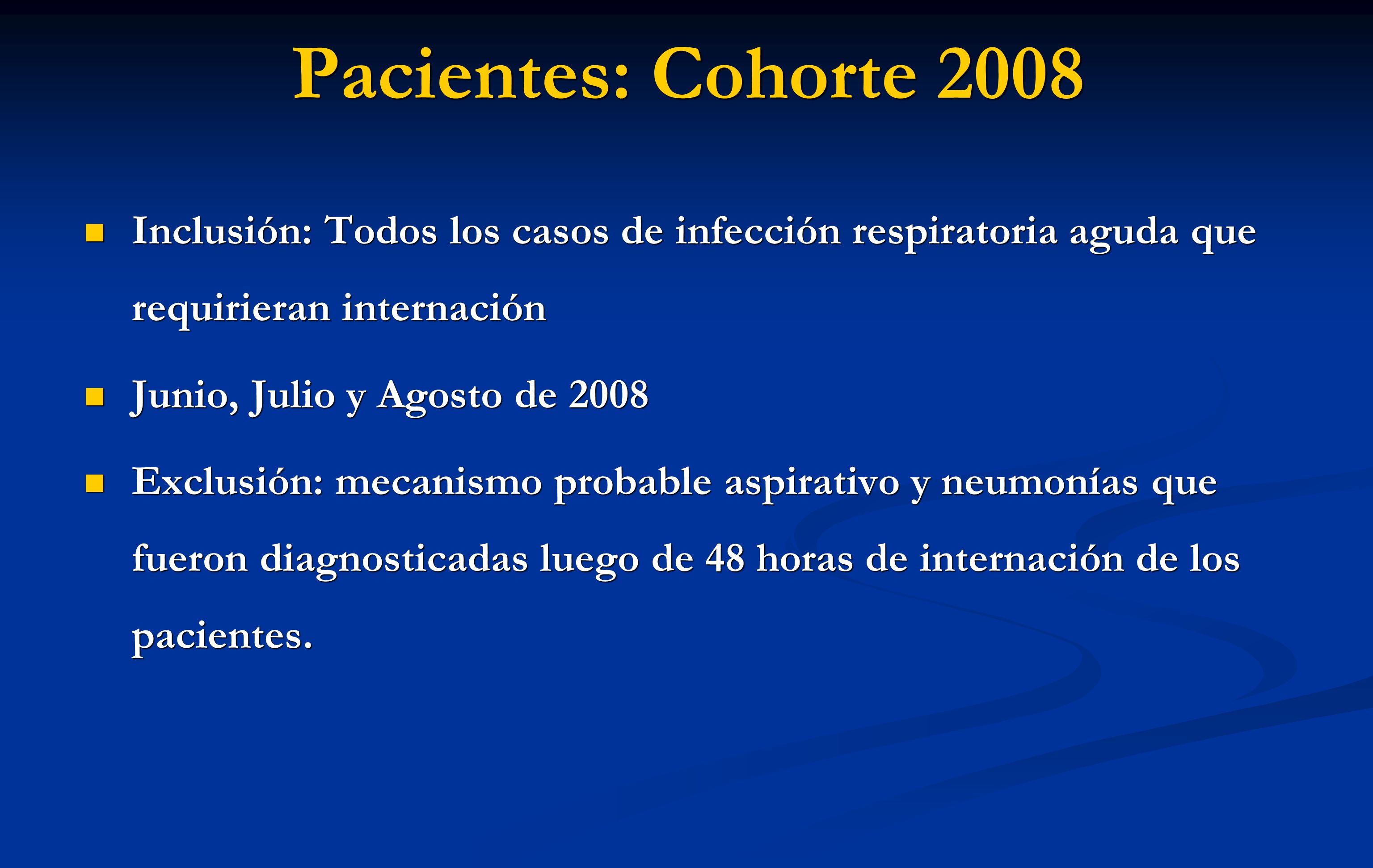 Pacientes: Cohorte 2008 Inclusión: Todos los casos de infección respiratoria aguda que requirieran internación.