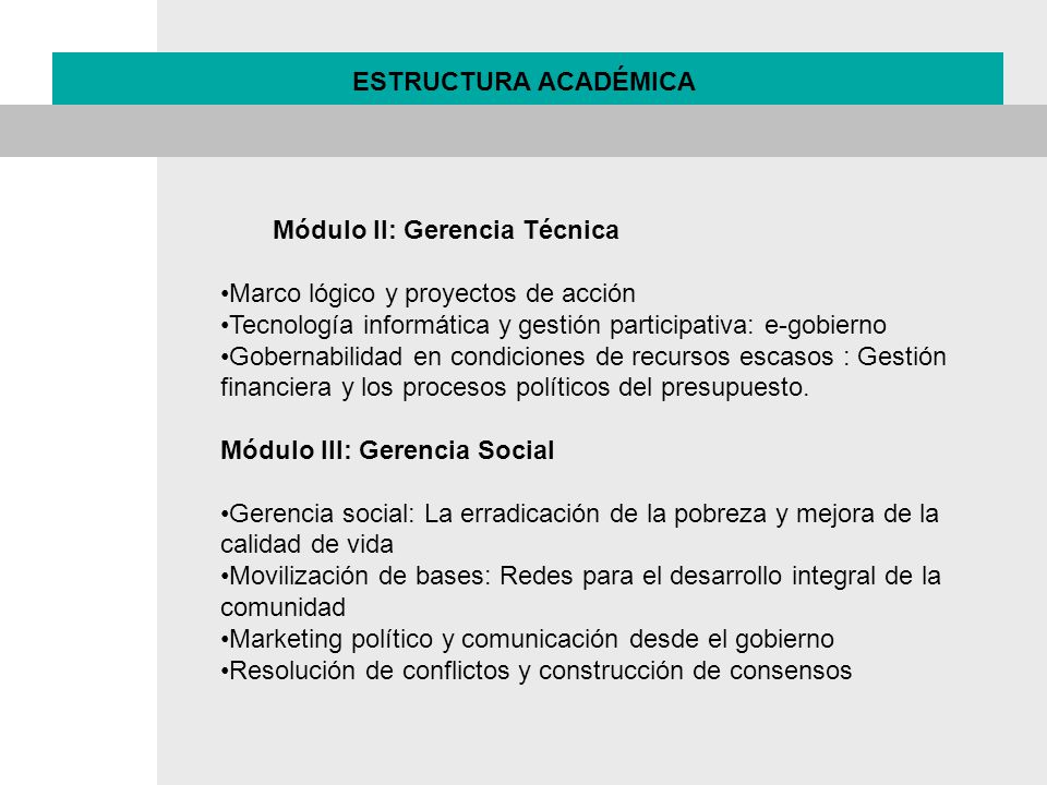 ESTRUCTURA ACADÉMICA Módulo II: Gerencia Técnica. Marco lógico y proyectos de acción. Tecnología informática y gestión participativa: e-gobierno.