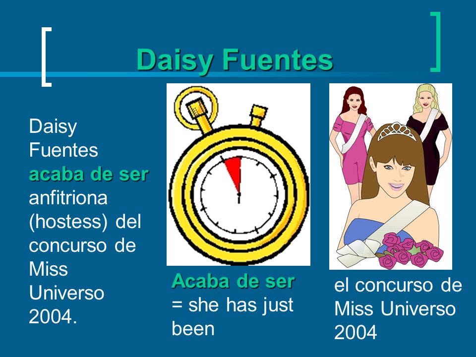 Daisy Fuentes Daisy Fuentes acaba de ser anfitriona (hostess) del concurso de Miss Universo Acaba de ser = she has just been.