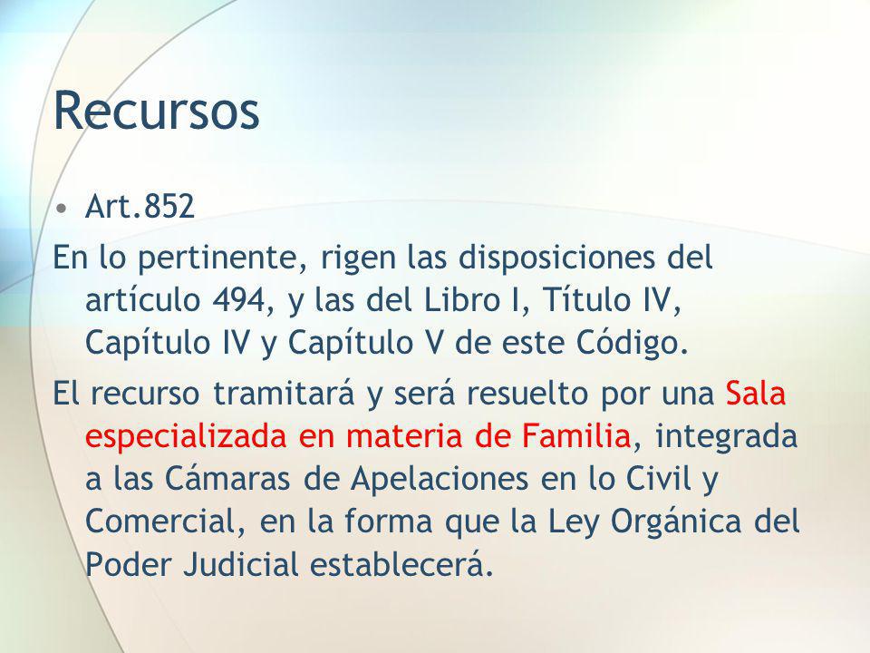 Recursos Art.852. En lo pertinente, rigen las disposiciones del artículo 494, y las del Libro I, Título IV, Capítulo IV y Capítulo V de este Código.