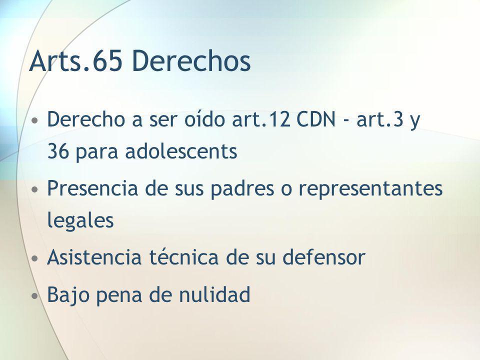 Arts.65 Derechos Derecho a ser oído art.12 CDN - art.3 y 36 para adolescents. Presencia de sus padres o representantes legales.