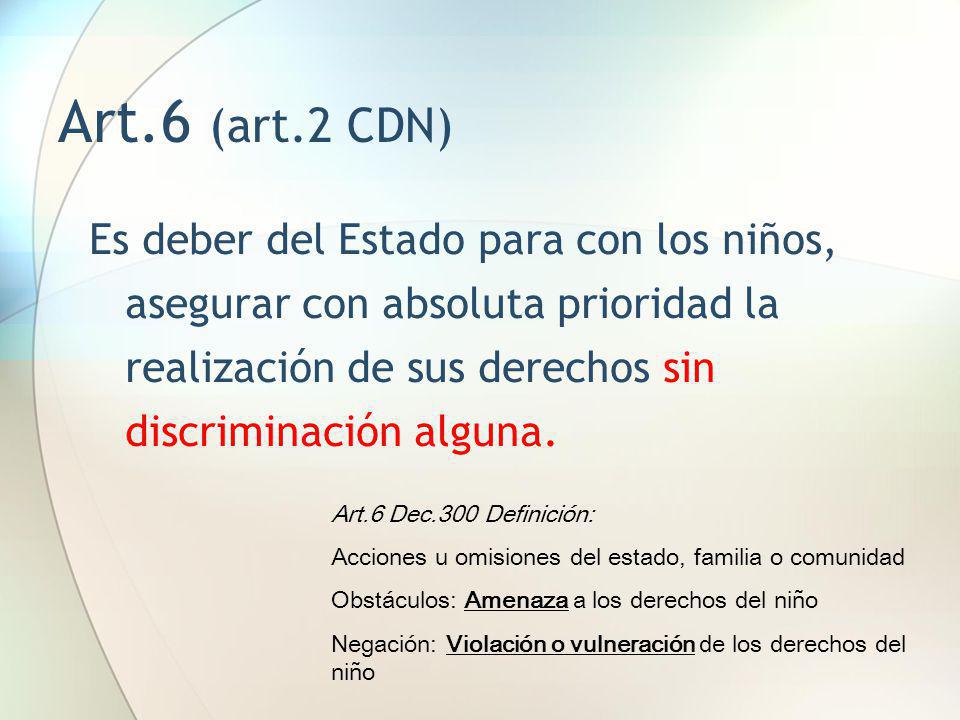 Art.6 (art.2 CDN) Es deber del Estado para con los niños, asegurar con absoluta prioridad la realización de sus derechos sin discriminación alguna.