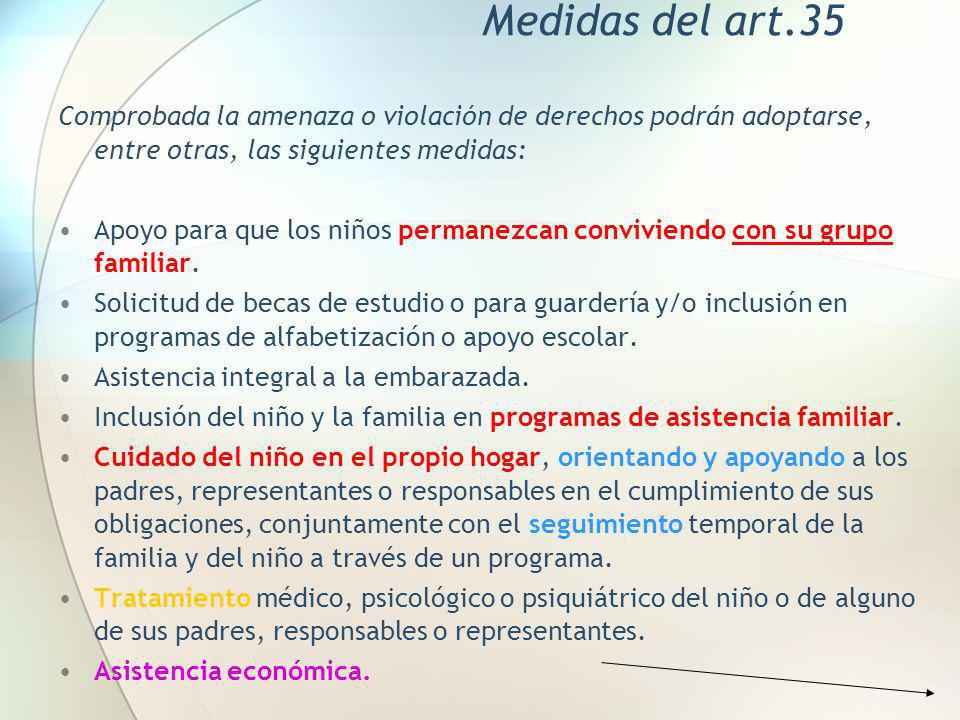 Medidas del art.35 Comprobada la amenaza o violación de derechos podrán adoptarse, entre otras, las siguientes medidas: