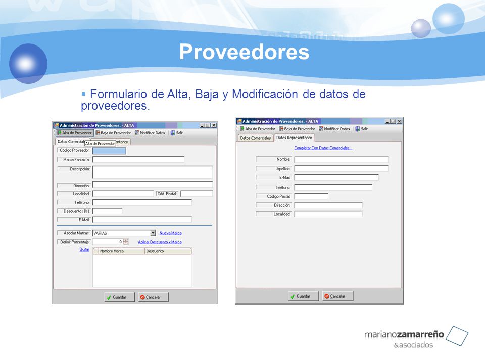 Proveedores Formulario de Alta, Baja y Modificación de datos de proveedores.