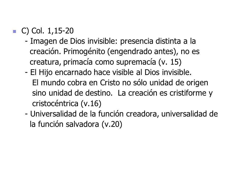 C) Col. 1, Imagen de Dios invisible: presencia distinta a la. creación. Primogénito (engendrado antes), no es.