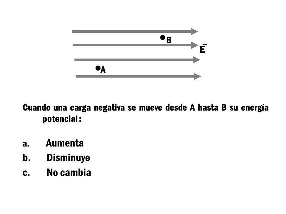 B A. Cuando una carga negativa se mueve desde A hasta B su energía potencial : Aumenta. Disminuye.