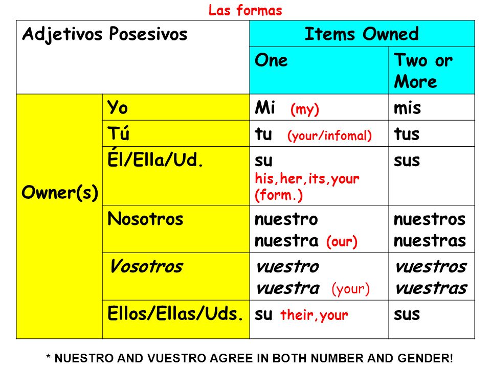 Adjetivos Posesivos Items Owned One Two or More Owner(s) Yo Mi (my)