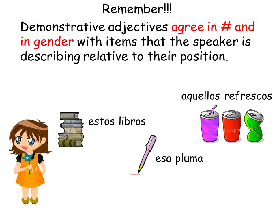 Remember!!! Demonstrative adjectives agree in # and in gender with items that the speaker is describing relative to their position.