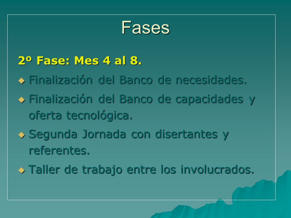 Fases 2º Fase: Mes 4 al 8. Finalización del Banco de necesidades.