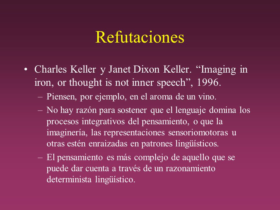 Refutaciones Charles Keller y Janet Dixon Keller. Imaging in iron, or thought is not inner speech ,