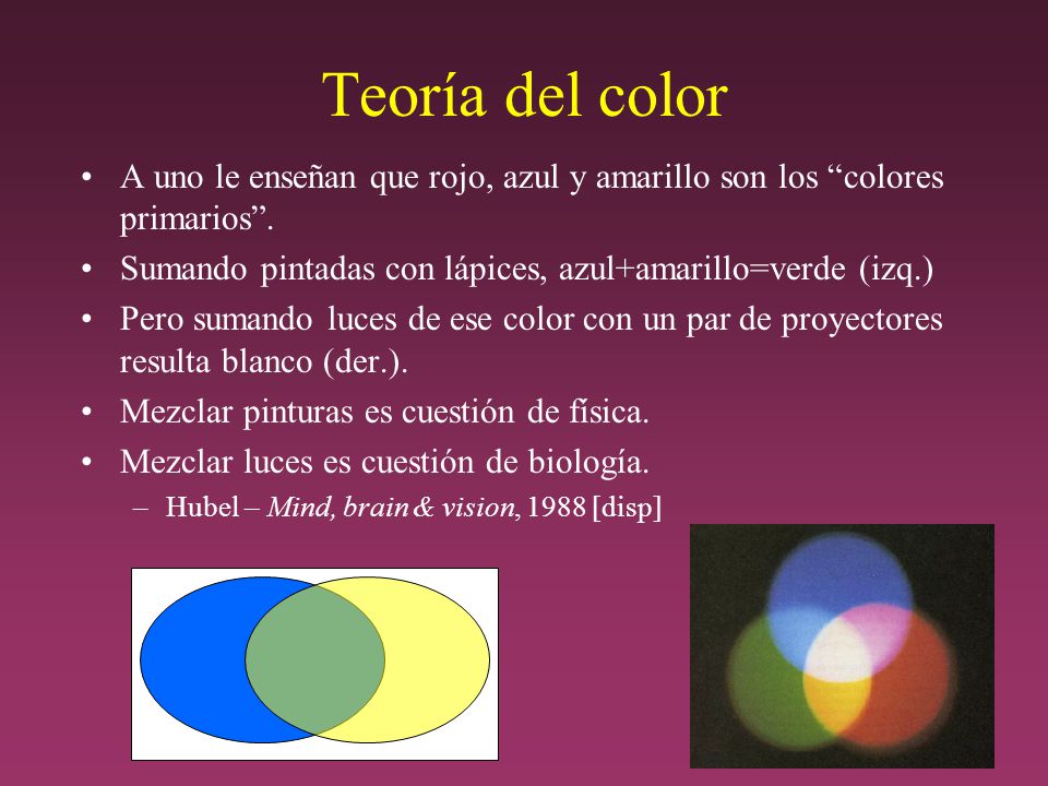 Teoría del color A uno le enseñan que rojo, azul y amarillo son los colores primarios . Sumando pintadas con lápices, azul+amarillo=verde (izq.)
