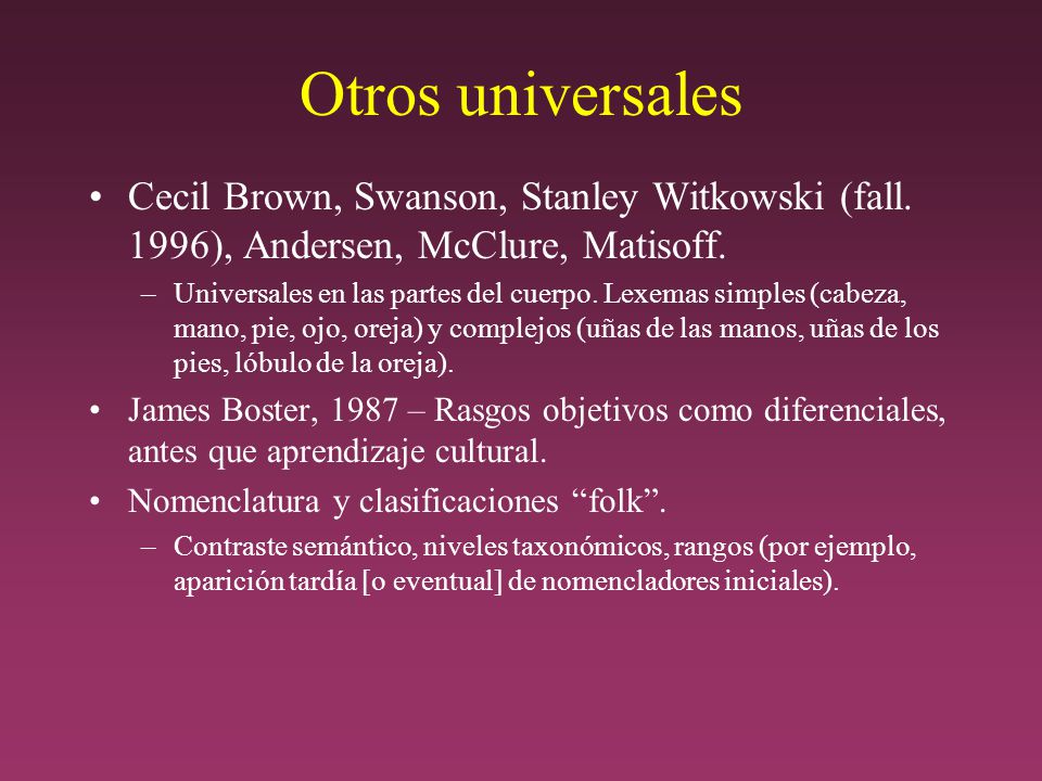 Otros universales Cecil Brown, Swanson, Stanley Witkowski (fall. 1996), Andersen, McClure, Matisoff.