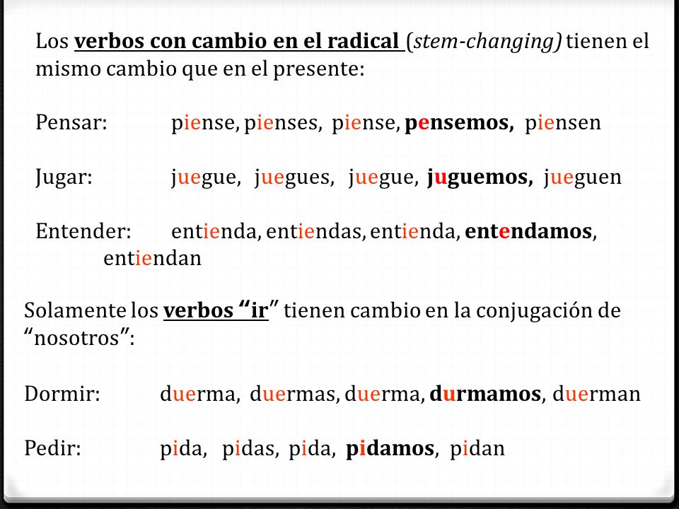 Los verbos con cambio en el radical (stem-changing) tienen el mismo cambio que en el presente: