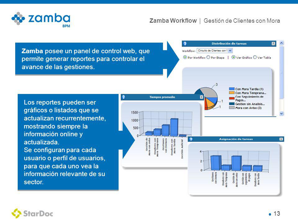 Zamba posee un panel de control web, que permite generar reportes para controlar el avance de las gestiones.