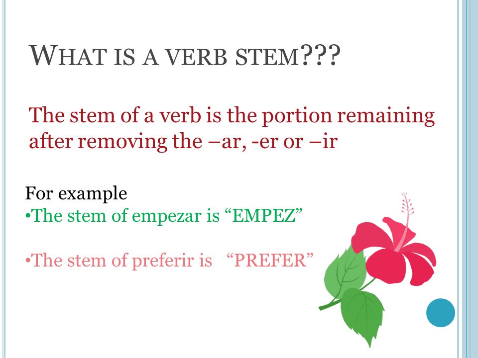 What is a verb stem The stem of a verb is the portion remaining after removing the –ar, -er or –ir.
