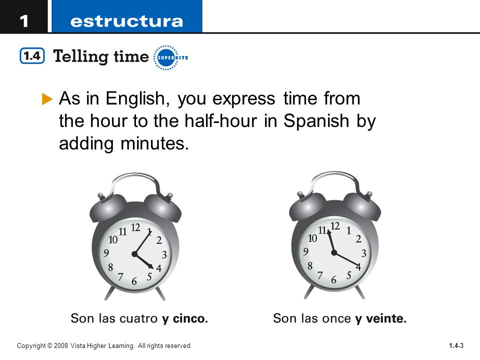 As in English, you express time from the hour to the half-hour in Spanish by adding minutes.