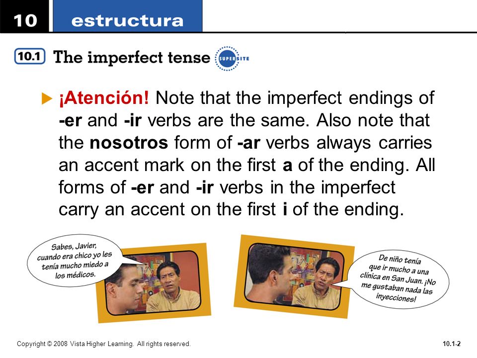 ¡Atención! Note that the imperfect endings of -er and -ir verbs are the same. Also note that the nosotros form of -ar verbs always carries an accent mark on the first a of the ending. All forms of -er and -ir verbs in the imperfect carry an accent on the first i of the ending.