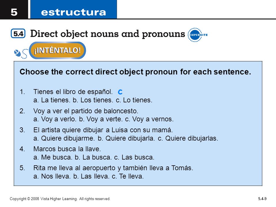 c Choose the correct direct object pronoun for each sentence.