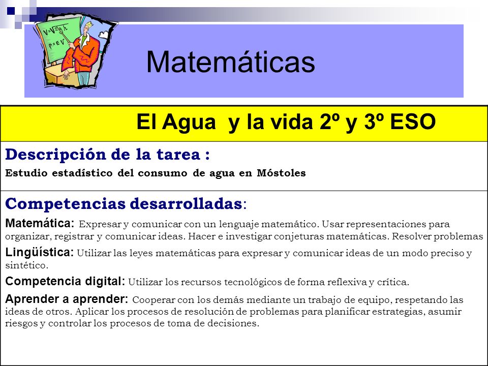 Matemáticas El Agua y la vida 2º y 3º ESO Descripción de la tarea :