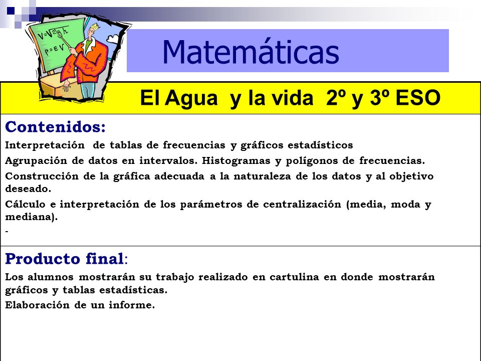 Matemáticas El Agua y la vida 2º y 3º ESO Contenidos: Producto final: