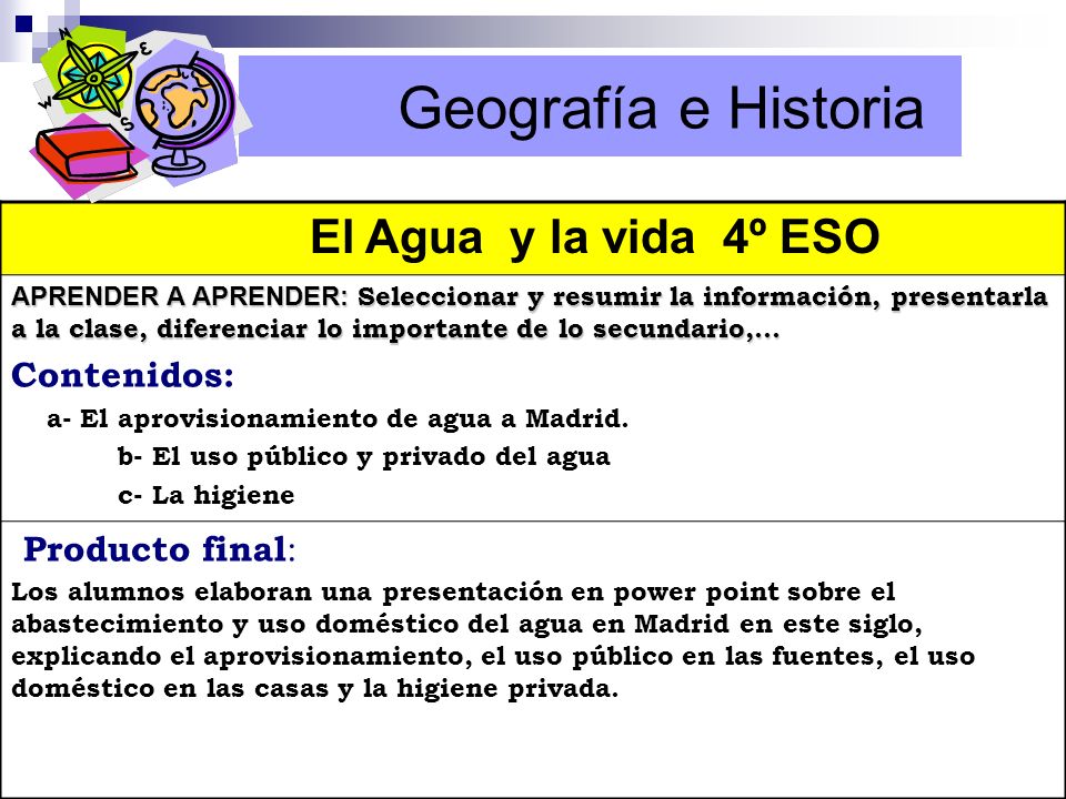 Geografía e Historia El Agua y la vida 4º ESO Contenidos: