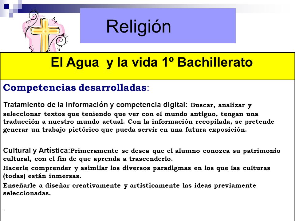 Religión El Agua y la vida 1º Bachillerato Competencias desarrolladas: