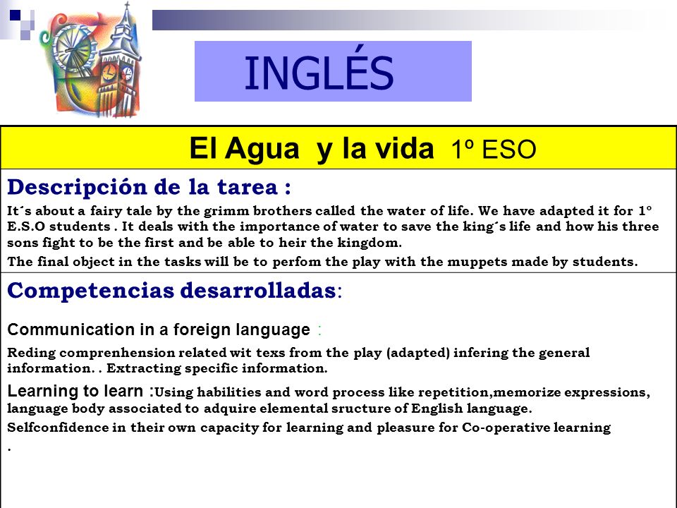 INGLÉS El Agua y la vida 1º ESO Descripción de la tarea :
