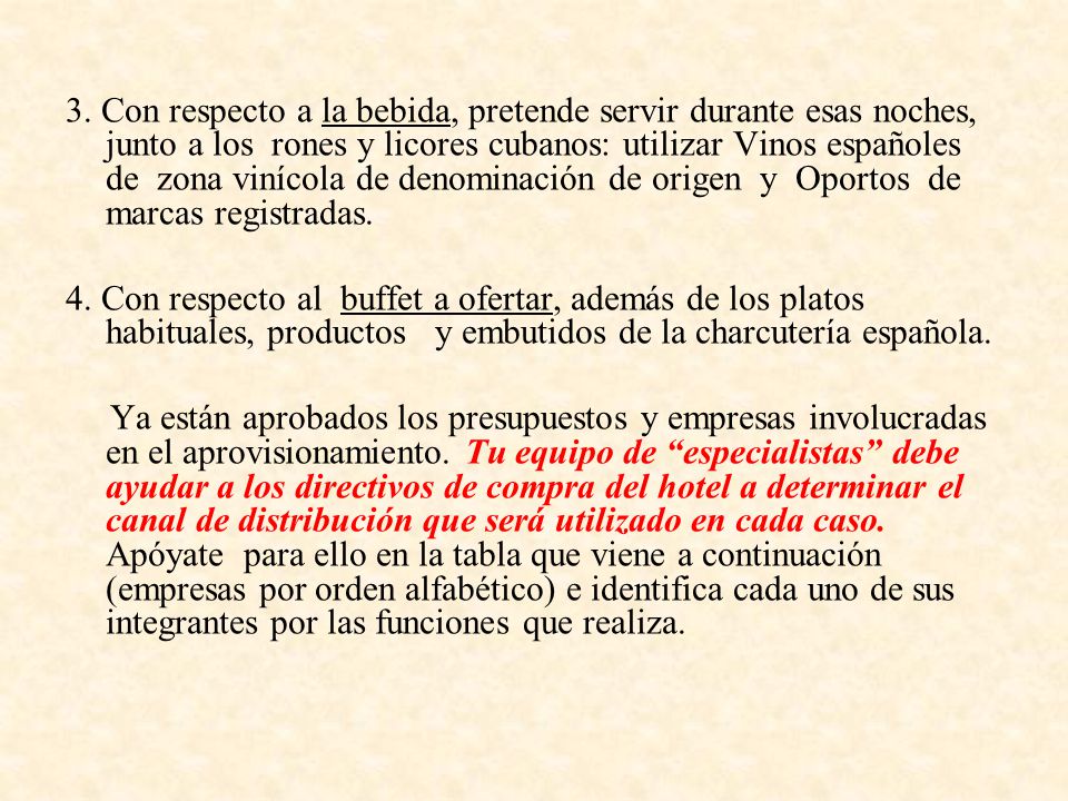 3. Con respecto a la bebida, pretende servir durante esas noches, junto a los rones y licores cubanos: utilizar Vinos españoles de zona vinícola de denominación de origen y Oportos de marcas registradas.