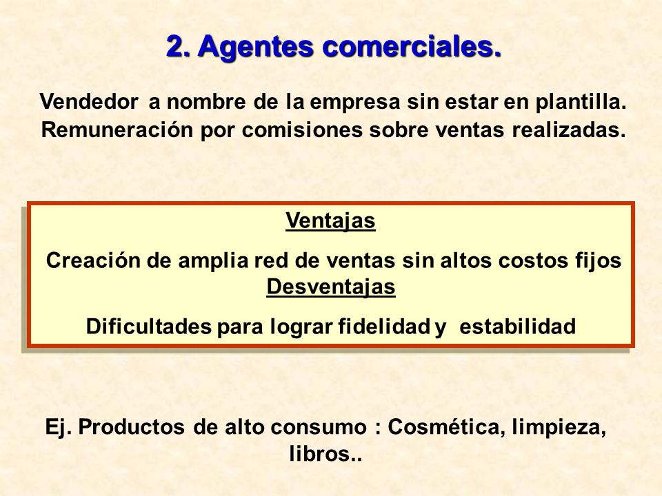 2. Agentes comerciales. Vendedor a nombre de la empresa sin estar en plantilla. Remuneración por comisiones sobre ventas realizadas.