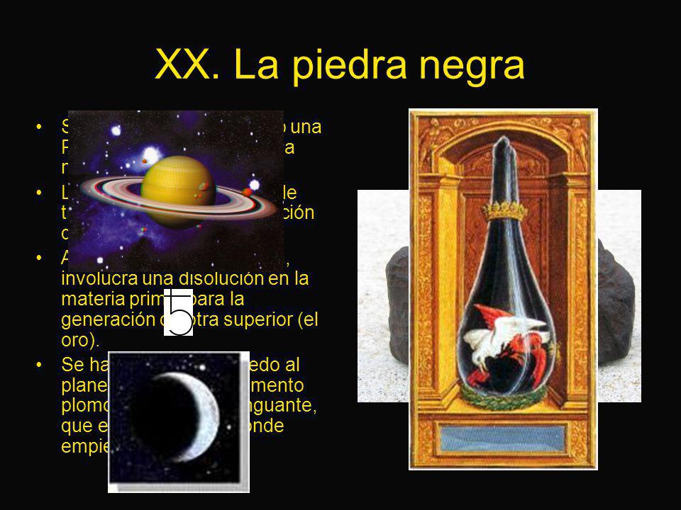 XX. La piedra negra Se le entrega al Candidato una Piedra Negra, símbolo de la nigredo.