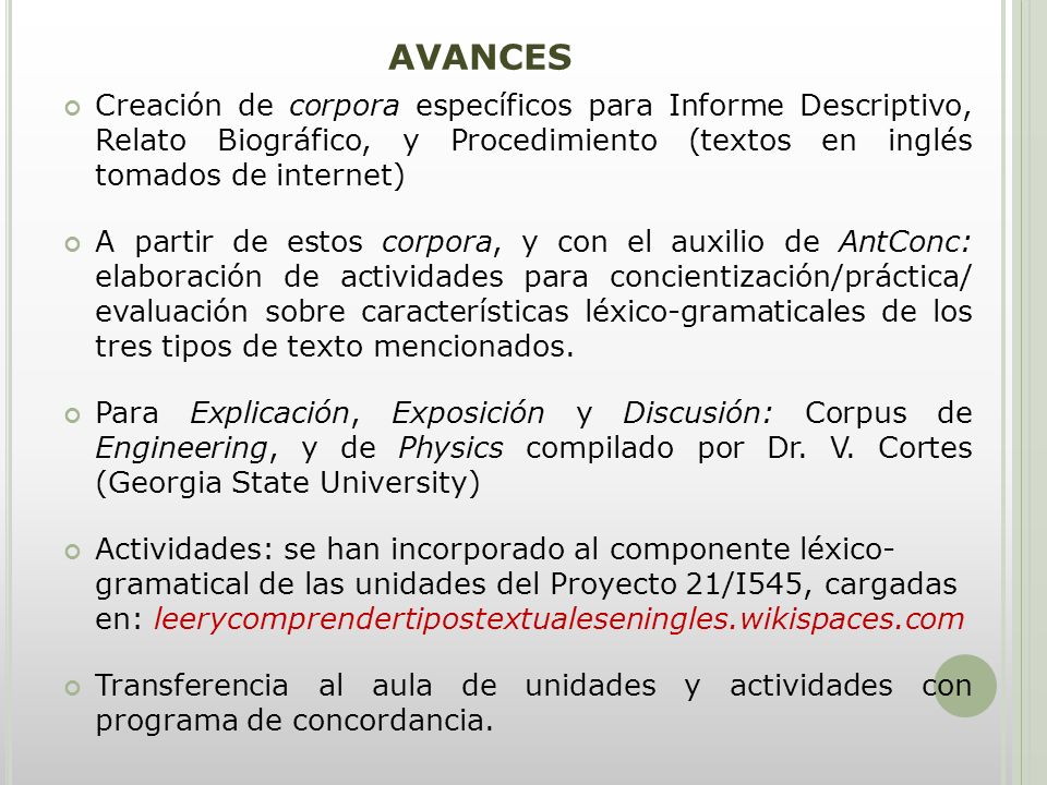 AVANCES Creación de corpora específicos para Informe Descriptivo, Relato Biográfico, y Procedimiento (textos en inglés tomados de internet)