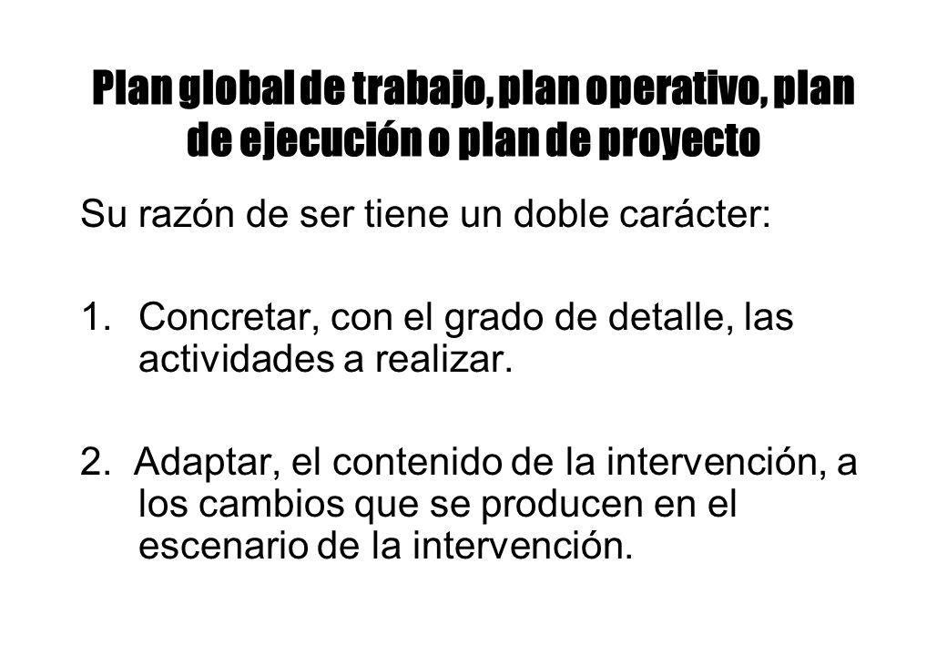 Plan global de trabajo, plan operativo, plan de ejecución o plan de proyecto