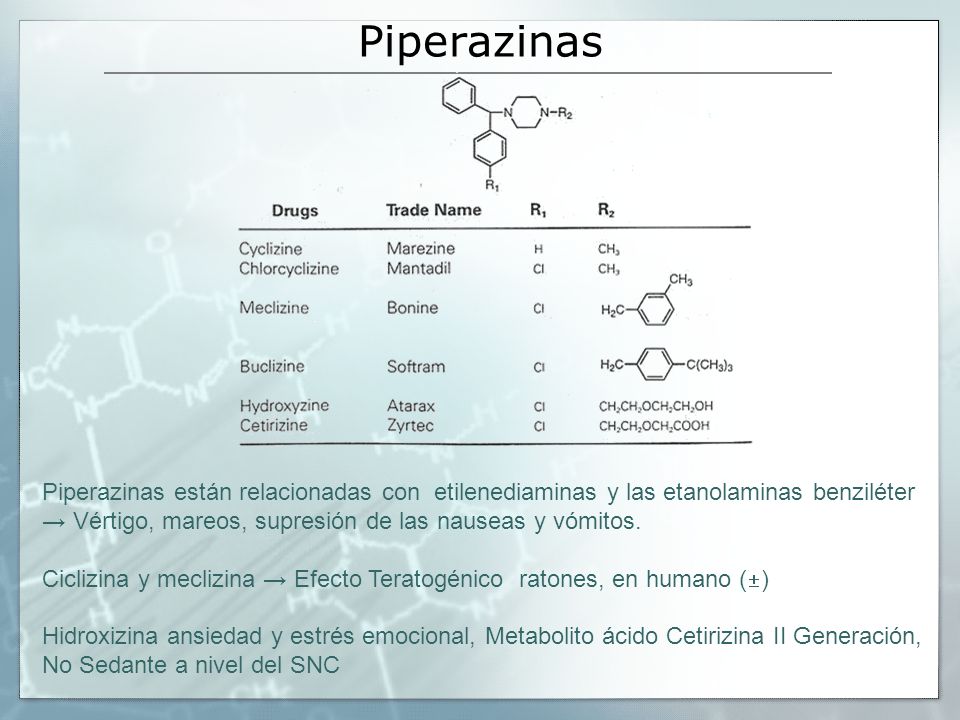 Piperazinas Piperazinas están relacionadas con etilenediaminas y las etanolaminas benziléter.