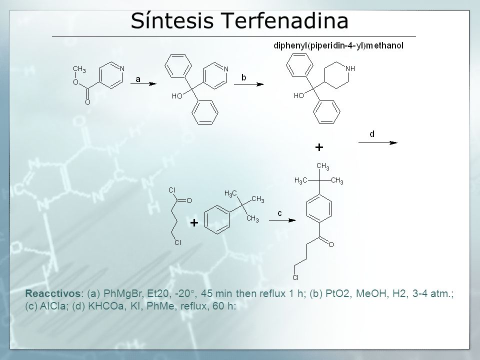 Síntesis Terfenadina Reacctivos: (a) PhMgBr, Et20, -20°, 45 min then reflux 1 h; (b) PtO2, MeOH, H2, 3-4 atm.;