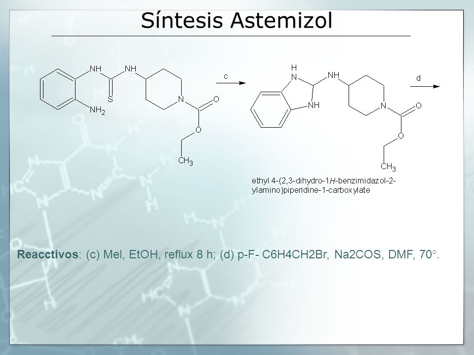 Síntesis Astemizol Reacctivos: (c) Mel, EtOH, reflux 8 h; (d) p-F- C6H4CH2Br, Na2COS, DMF, 70°.
