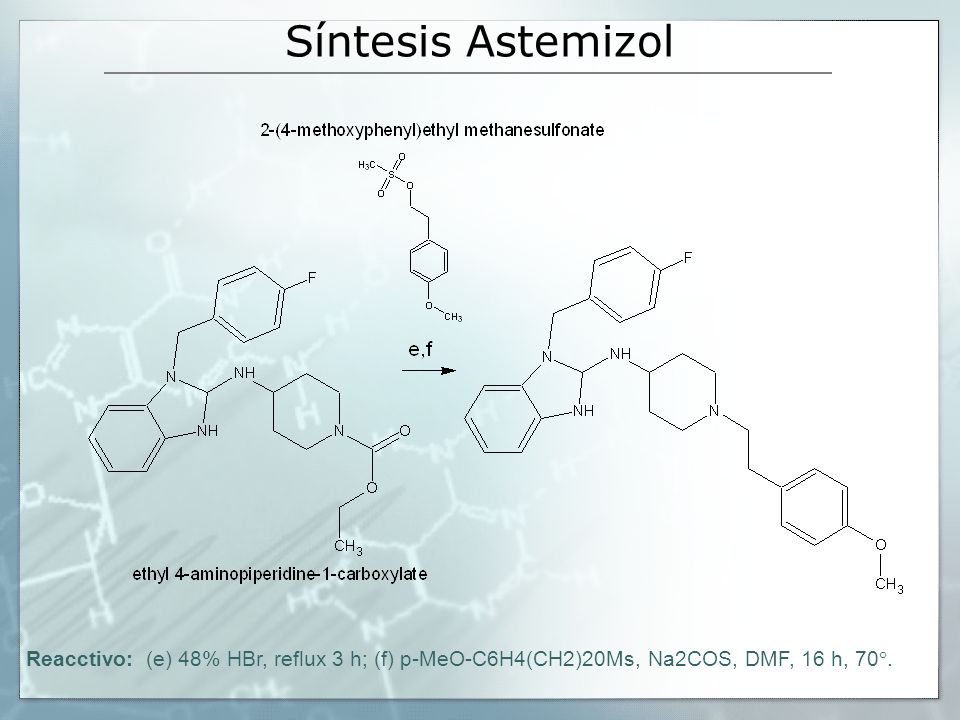 Síntesis Astemizol Reacctivo: (e) 48% HBr, reflux 3 h; (f) p-MeO-C6H4(CH2)20Ms, Na2COS, DMF, 16 h, 70°.