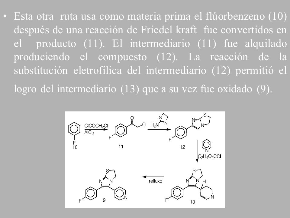 Esta otra ruta usa como materia prima el flúorbenzeno (10) después de una reacción de Friedel kraft fue convertidos en el producto (11).