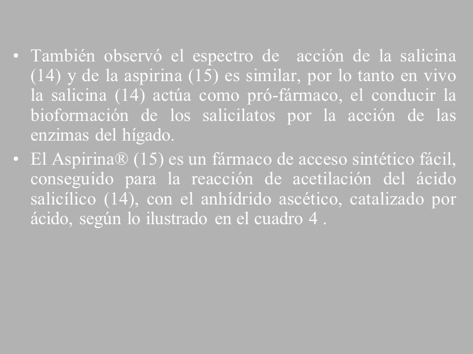 También observó el espectro de acción de la salicina (14) y de la aspirina (15) es similar, por lo tanto en vivo la salicina (14) actúa como pró-fármaco, el conducir la bioformación de los salicilatos por la acción de las enzimas del hígado.