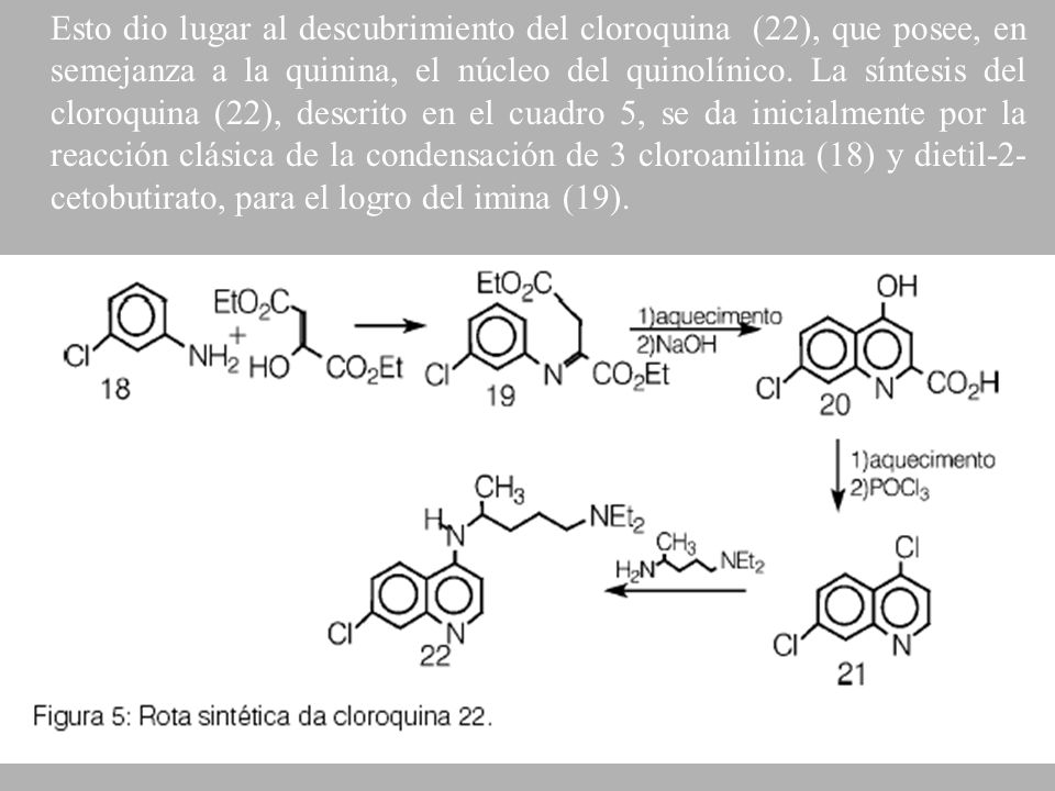 Esto dio lugar al descubrimiento del cloroquina (22), que posee, en semejanza a la quinina, el núcleo del quinolínico.