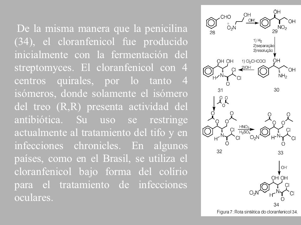 De la misma manera que la penicilina (34), el cloranfenicol fue producido inicialmente con la fermentación del streptomyces.
