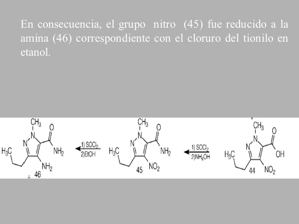 En consecuencia, el grupo nitro (45) fue reducido a la amina (46) correspondiente con el cloruro del tionilo en etanol.