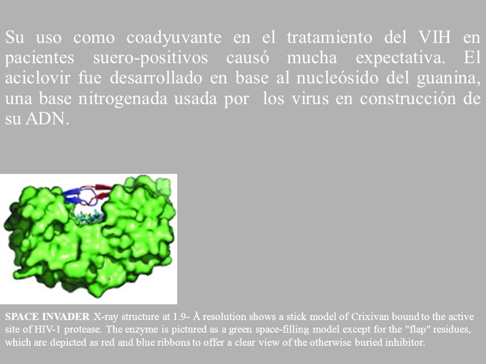 Su uso como coadyuvante en el tratamiento del VIH en pacientes suero-positivos causó mucha expectativa. El aciclovir fue desarrollado en base al nucleósido del guanina, una base nitrogenada usada por los virus en construcción de su ADN.