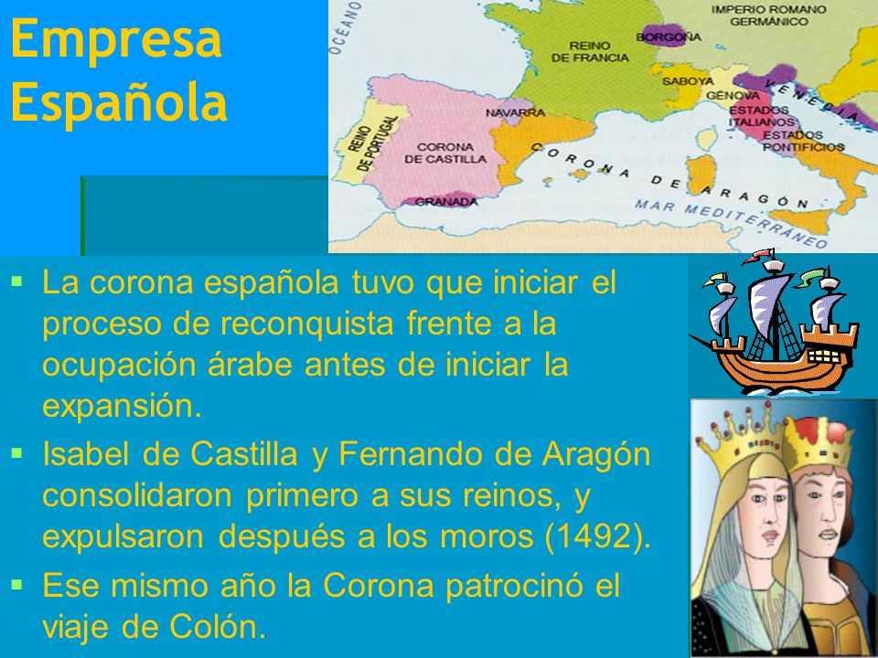 Empresa Española La corona española tuvo que iniciar el proceso de reconquista frente a la ocupación árabe antes de iniciar la expansión.