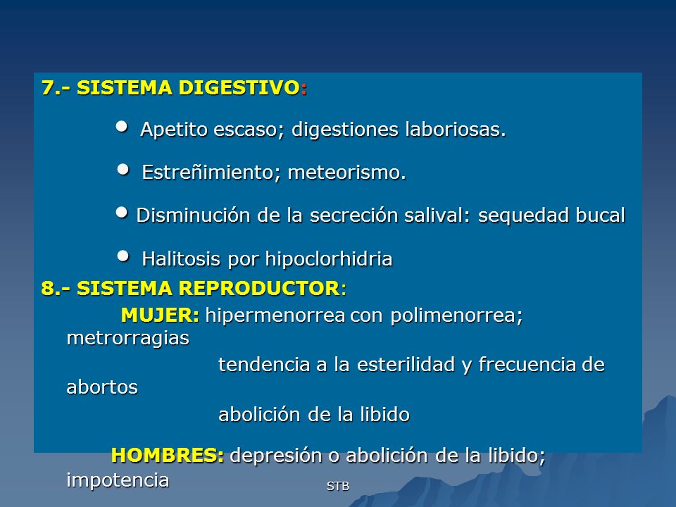• Estreñimiento; meteorismo. • Halitosis por hipoclorhidria