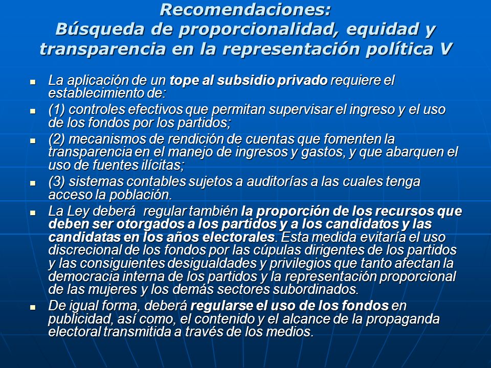 Recomendaciones: Búsqueda de proporcionalidad, equidad y transparencia en la representación política V