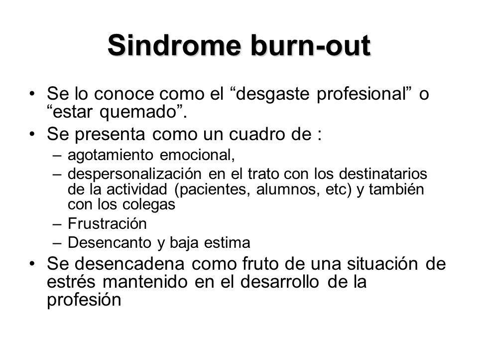 Sindrome burn-out Se lo conoce como el desgaste profesional o estar quemado . Se presenta como un cuadro de :