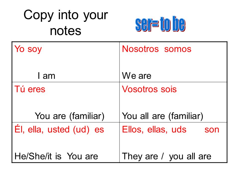 Copy into your notes ser= to be Yo soy I am Nosotros somos We are